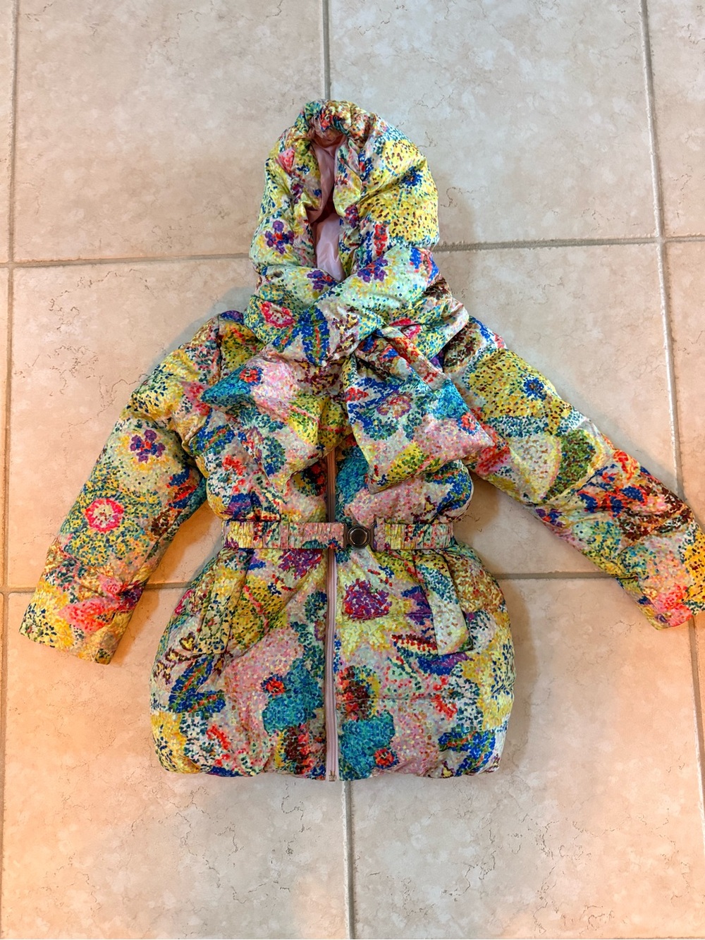 Oilily Yellow Multicolor Floral Quilted Puffer Coat
